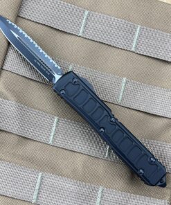 MICROTECH 122II-3TS Ultratech II OTF Auto Signature Series Tactical Double Edge Black Serrated Blade with Side Step Black Aluminum Handles
