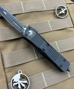 MICROTECH 138-3T Troodon OTF Auto Tactical Double Edge Black Full Serrated with Black Aluminum Handles