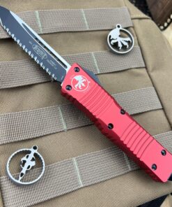 MICROTECH 144-3RD Combat Troodon OTF Auto Tanto Black Fully Serrated Blade with Red Aluminum Handles