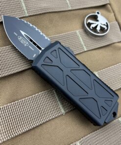 MICROTECH 157-3T Exocet OTF Auto Tactical Black Double Edge Serrated Blade with Black Aluminum Handles