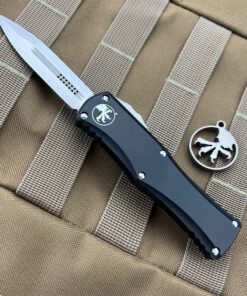 MICROTECH 702-10 Hera Auto OTF Double Edge Stonewash Blade with Black Aluminum Handles