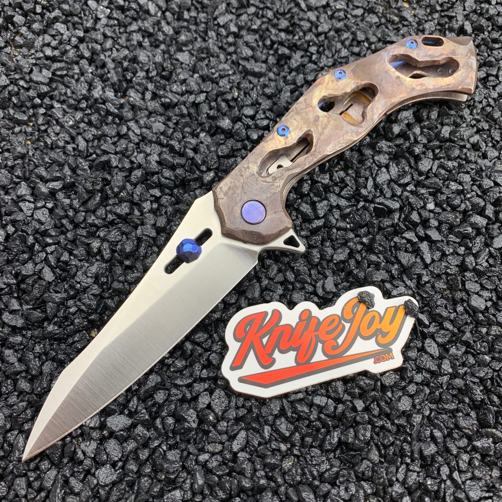 Olamic Cutlery Custom Soloist Agent Satin M390 Blade with Funky Holes/ Entropic Antique Blue Accents