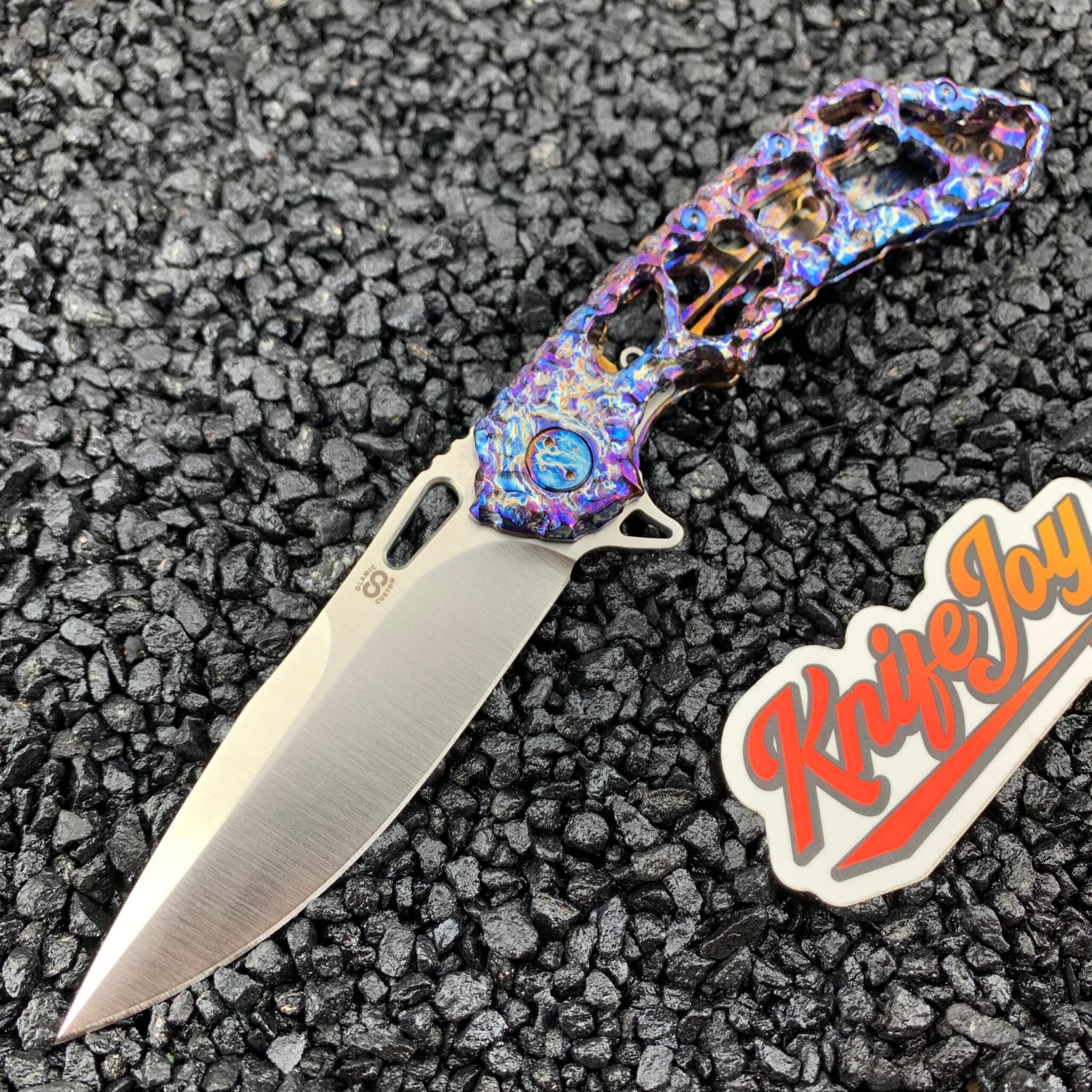Olamic Cutlery Custom Wayfarer 247 M390 DropPoint Blade/ Funky Holes Volcanic Finish with Entropic Accents