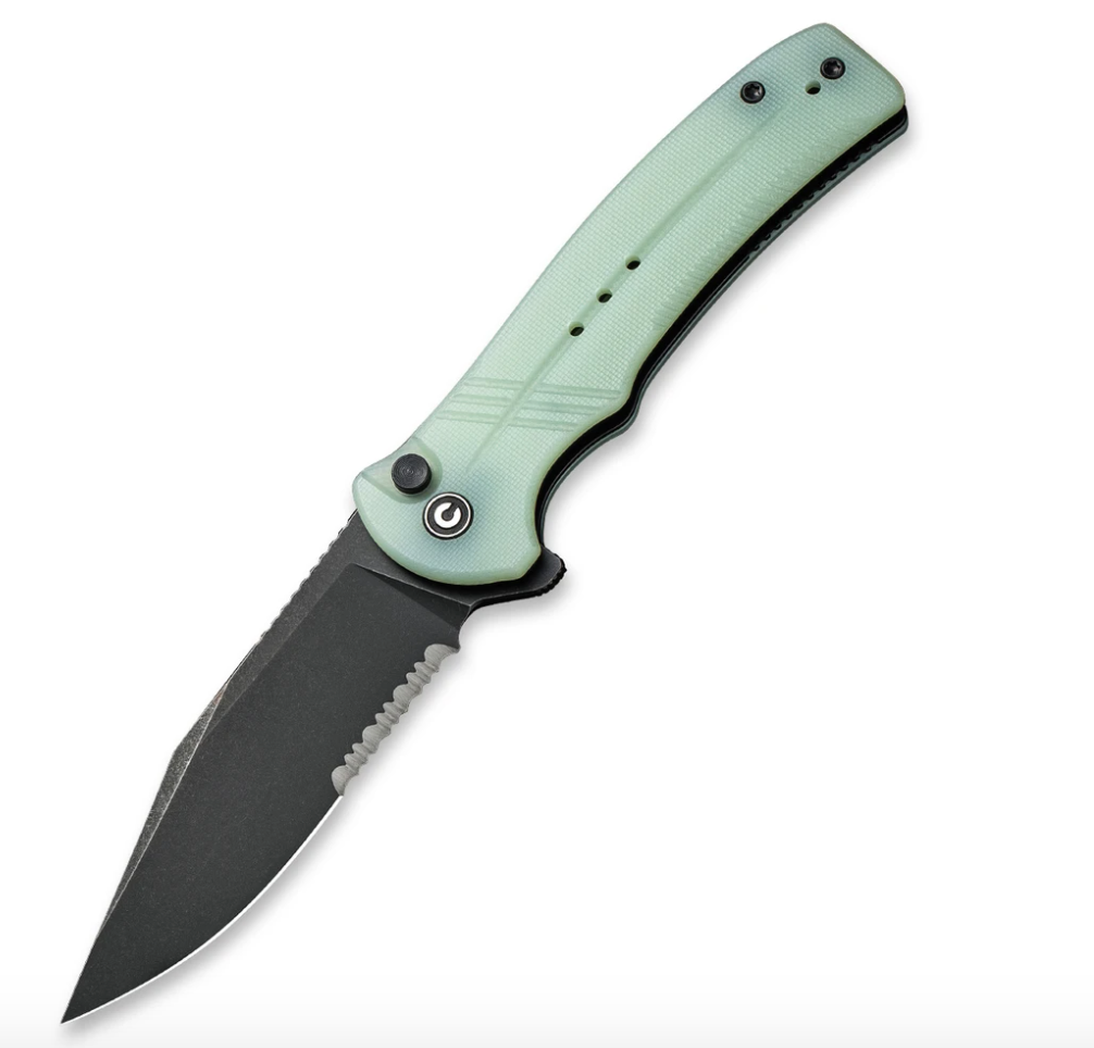 We Knife -CIVIVI Cogent Black Stonewashed Partially Serrated Blade with Natural G10 Handle Button Lock Flipper