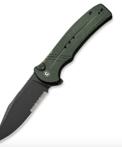 We Knife -CIVIVI Cogent Black Stonewashed Partially Serrated Blade with Green Micarta Handle Button Lock Flipper