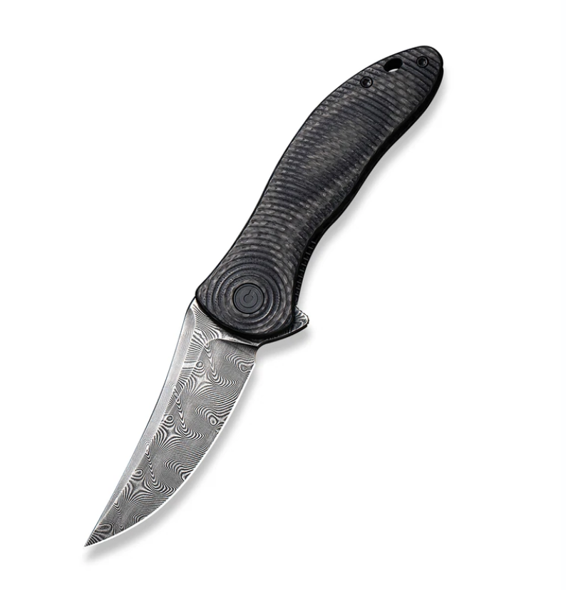 We Knife - CIVIVI Synergy3 Damascus Trailing Point Blade with Layered Black G10/ Twill Carbon Fiber Handles