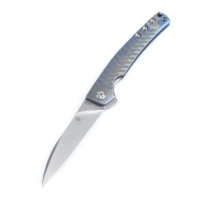 Kizer Ki3457A2 Splinter Flipper Stonewash Blade with Blue Titanium Handles
