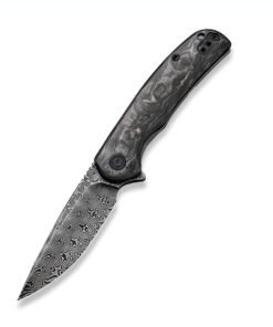 We Knife -Civivi NOx Flipper Knife Contoured Marble CF with Gray Steel Handle/ Black Hand Rubbed Damascus Blade