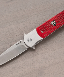 Finch Knife Company Road Runner Satin Blade with Venom Red Jigged Bone Handle/ Titanium Pocket Clip