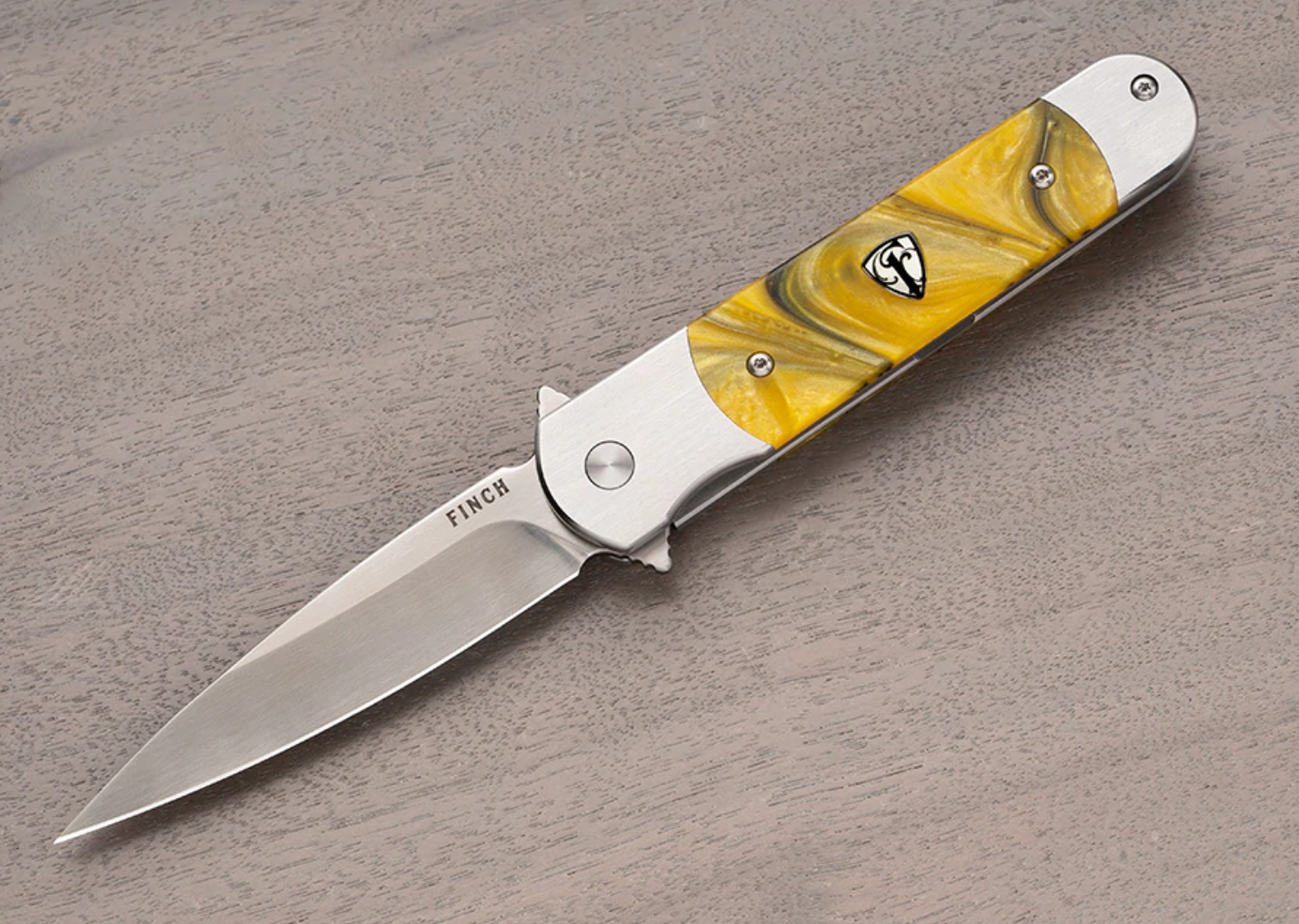Finch Knife Company Road Runner Satin Blade with Hornet Yellow Resin Blade/ Titanium Pocket Clip