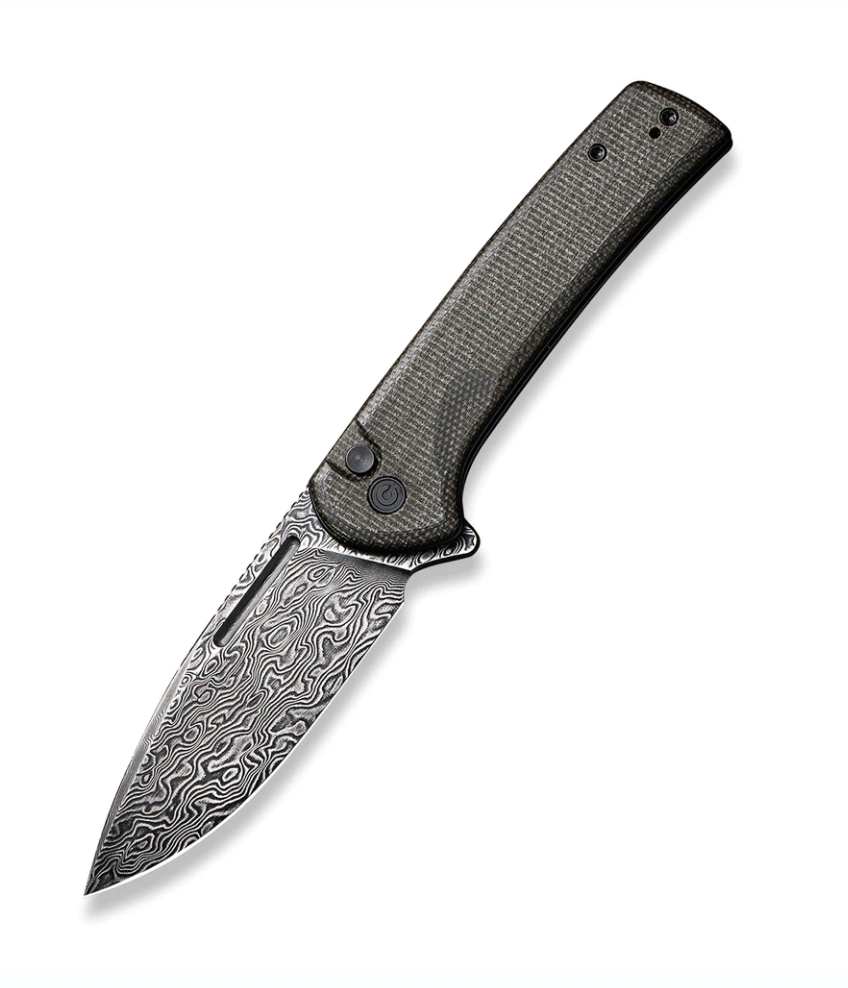 We Knife - Civivi Conspirator Pocket Knife Button Lock/Flipper Opener-Dark Green Micarta Handle with Black Hand Rubbed Damascus Blade