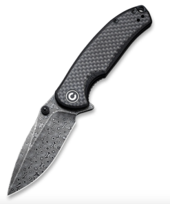 We Knife - CIVIVI Pintail Flipper Knife  Twill Carbon Fiber Overlay On Black G10 Handle (2.98" Black Hand Rubbed Damascus Blade)