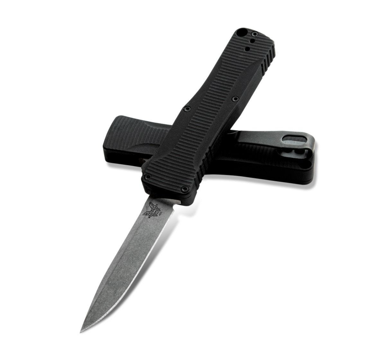 Benchmade OM 4850 D/A Micro-OTF Automatic Knife Satin Clip Point Blade with Black Aluminum Handles