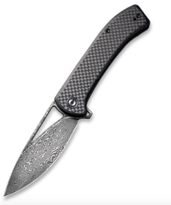 We Knife - Civivi Riffle Flipper Knife Dark Twill Carbon Fiber Overlay On Black G10 Handle Black Hand Rubbed Damascus Blade