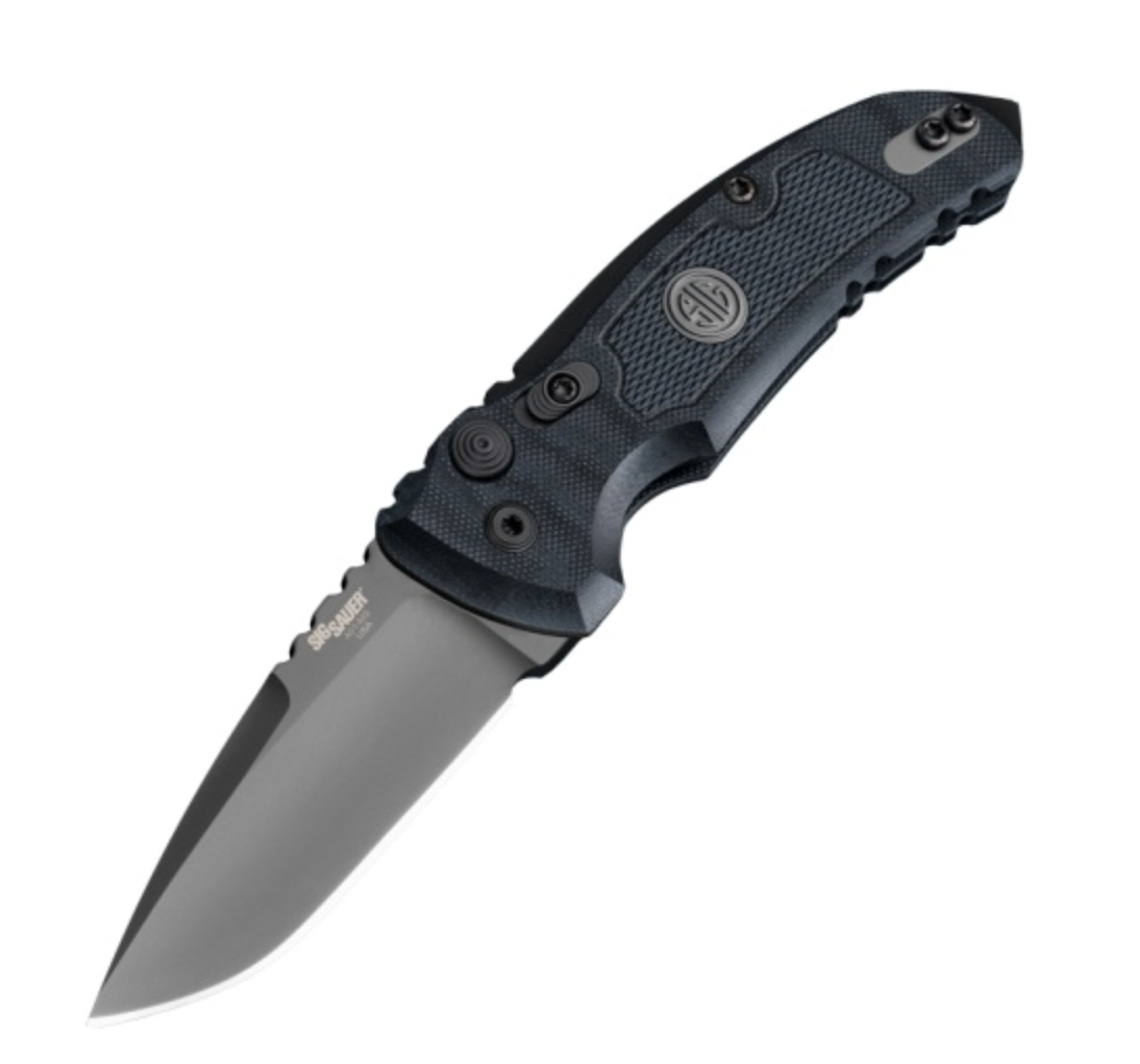 Sig Knives SIG16112 A01-MicroSwitch Tactical Automatic Folder Grey Cerakote Finish Drop Point Blade with Solid Black G10 Frame Handles