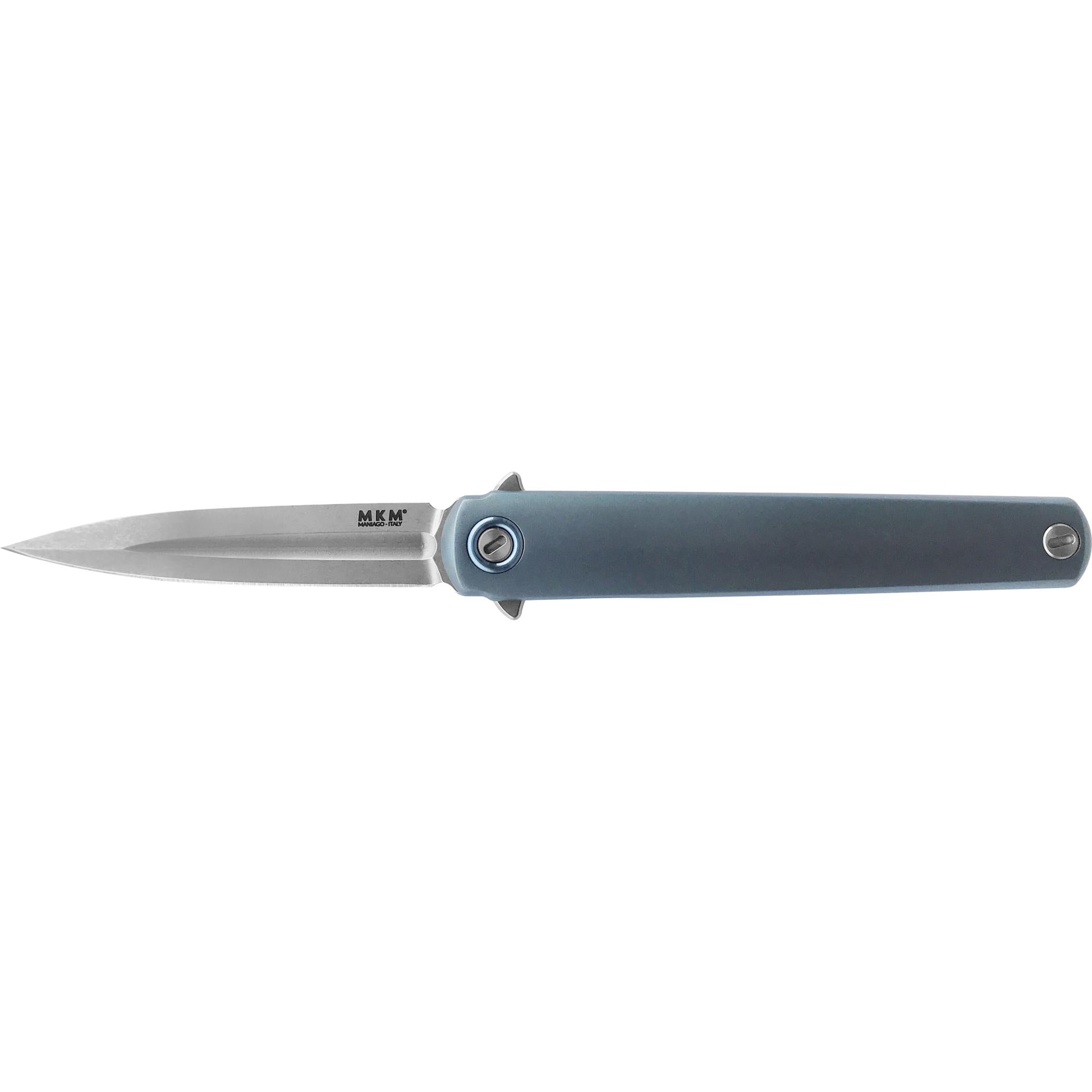 MKM Maniago Knife Makers Flame Dagger FL02-TBSW Folding Knife/ M390 Stonewashed Blade with Blue GR.5 Titanium Handles
