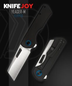 Brian Brown Knives Yeager-M Flipper KnifeJoy Exclusive Satin Blade with PVD Black Handles and Blue Ano Pivot