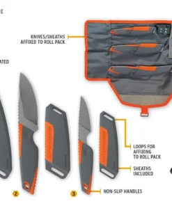 Outdoor Edge Vantex 4 Piece Hunting Knife Set w Roll Pack & Sharpener (VNTX4-C)