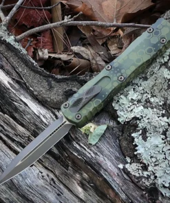 Microtech Dirac Delta Signature Series - 3.78" Bronze Apocalyptic Double Edge Plain Blade, Bazooka Hex Camo Aluminum Handle - 227-13APBOHXCS