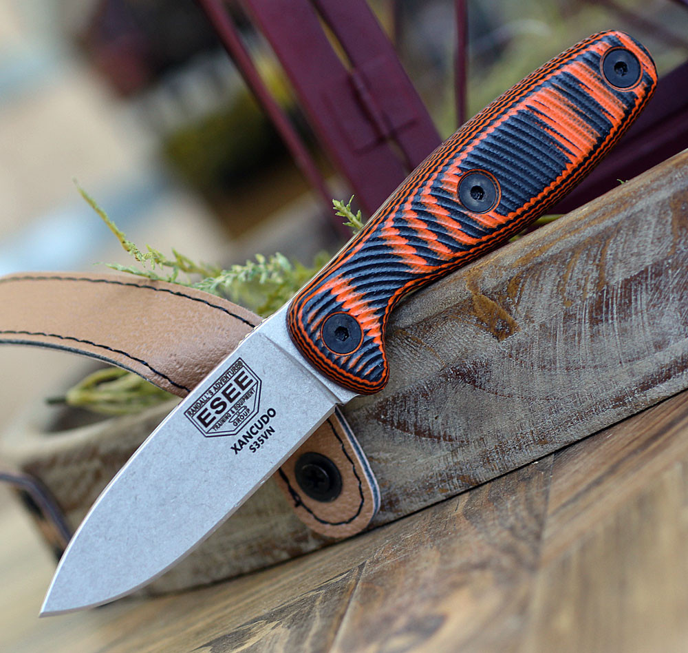 Xancudo - 3.0" CPM-S35VN Stonewash Plain Edge Spear Point Blade, Orange and Black G-10 3D Handle - ESEE-XAN2-006