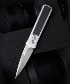 Pro-Tech Godson - 3.15" CPM-20CV Satin Plain Edge Spear Point Blade, Silver Aluminum / Crosscut Carbon Fiber Handle - 7210-SilverCrosscut-20CV