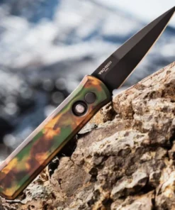 Pro-Tech Left Handed Godson - 3.15" 154CM DLC Plain Edge Blade, Woodland Camo Aluminum Handle - 721-LH WOODLAND