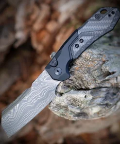 Kershaw Launch 14 Auto - 3.375" Damascus Cleaver Blade, Gray Aluminum & Black Carbon Fiber Inlay Handle USA Made - 7850BLKDAM