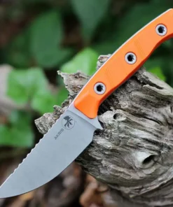 Microtech Akris - 3.70" Bohler M390MK Straight Back Stonewash Plain Edge Blade, Ember G-10 Handle, Leather Sheath- 95-10EM-1