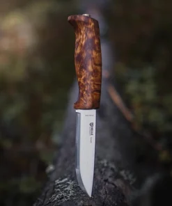 Helle Gaupe Fixed Blade - Curly Birch Wood (4.3" 12C27 Polished) Blk Leather Sheath