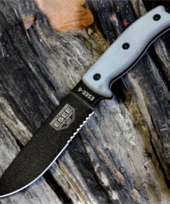 ESEE-6 - 6.50" 1095 Black Part Serrated Drop Point Blade, Gray Micarta Handle - ESEE-6S-B