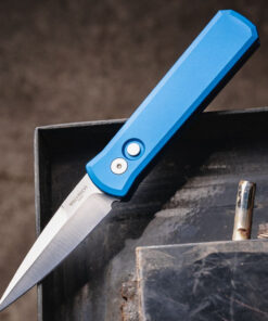 Pro-Tech Godson - 3.15" 154CM Satin Plain Edge Spear Point Blade, Dark Blue Aluminum Handle - 721-SATIN Blue