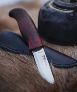 Helle Allmenn Fixed Blade Knife, Dyed Curly Birch Handle, 12C27 Stainless, Leather Sheath