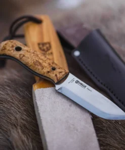 Helle Polaris Fixed Blade Knife, 3.15 in. Blade, 14C28N Stainless, Curly Birch Handle, Brown Leather Sheath