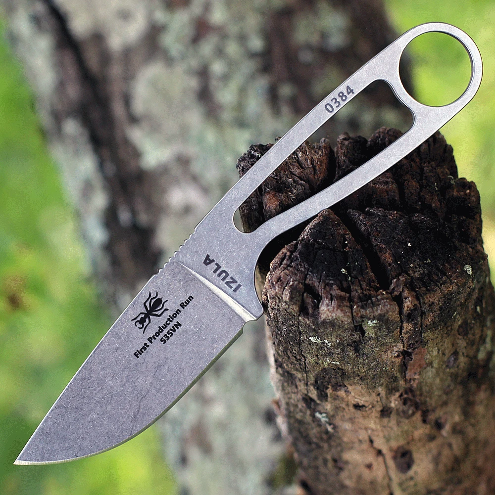 Izula - 2.63" CPM-S35VN Stonewash Plain Edge Drop Point Blade, Stonewash Skeletonized Steel Handle - IZULA-S35VN