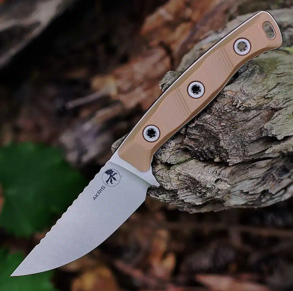 Microtech Akris - 3.70" Bohler M390MK Stonewash Drop Point Blade, Dark Earth G-10 Handle, Dark Chocolate Leather Sheath - 95-10DE-1