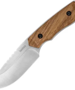 Kershaw Halt Fixed Blade Hunting Knife - 3.5" Stainless Steel Satin Drop Point Blade Brown Wood Handle Black Nylon Sheath 1417