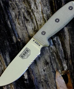 ESEE-4 - 4.50" 1095 Desert Tan Part Serrated Drop Point Blade, Tan Micarta Handle - ESEE-4S-DT