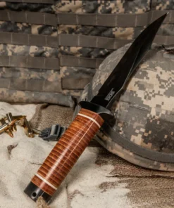 SOG Super Bowie - 7.50" AUS-8 Hardcased Black TiNi Clip Point Plain Blade, Stacked Leather Washer Handle - SOGSB1TL