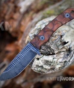 Stroup Knives GP2 Fixed Blade Rosewood - 3.75" Forged 1095HC Rock Tumbled and Acid Etched Blade, Sculpted Rosewood Full Tang Handle, Black Kydex Belt Sheath - GP2-W