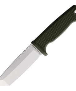 Demko Fixed Blade - 5" AUS-10A Satin Plain Edge Tanto Blade, Green Checkered Rubber Handle, Molded Plastic Sheath - DEM09621
