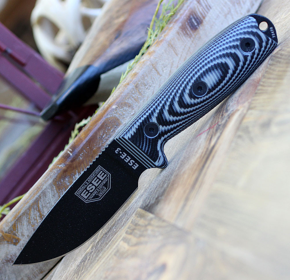ESEE-3 3D Handle - 3.875" 1095 Black Plain Edge Drop Point Blade, Gray and Black G-10 Handle - 3PMB-002