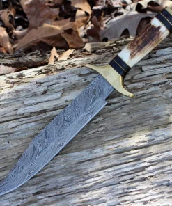 Damascus 1033 Iron Maiden Bowie, 9" Damascus Plain Blade, Round Stag Handle