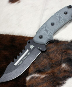 Tops Steel Eagle 105C W/Saw Teeth (TPSE105C) 5.00" 1095 Blk Fixed Blade, Blk Linen Mic Handle