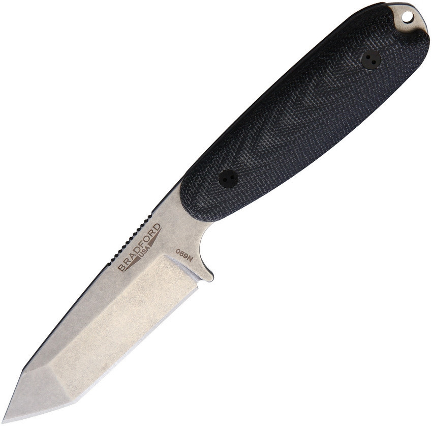 Bradford Guardian 3.5 Tanto Stonewashed N690 Blade, 3D Black Canvas Micarta Handle w/Brown Leather Sheath
