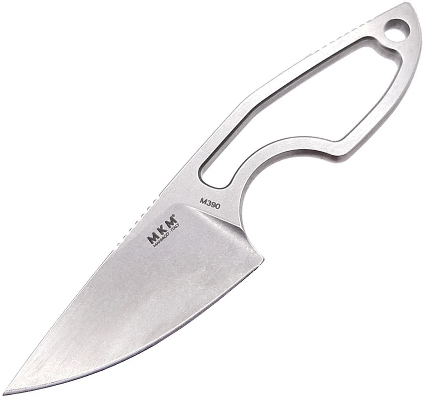 MKM - Maniago Knife Makers Mikro 1 Fixed Blade R01-N, 2" Bohler M390 Stonewashed Plain Blade, Gray Stainless Steel Handle