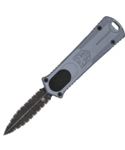 CobraTec OTF 952 Gen II - 2.0" D2 Black Stonewash Double-Edge Serrated Dagger Blade, Grey Aluminum Handle - 952GEN2GRYDAG2SS