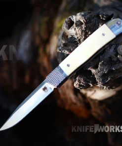Cobratec Trapper - D2 Drop Point Plain Edge Blade, Imitation White Bone Handle, Hidden Bolster Release - CTTHRPBWT