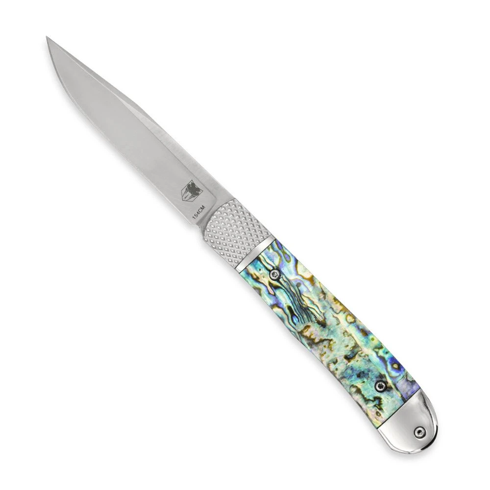 CobraTec Trapper Hidden Release - 3.125" 154CM Satin Plain Edge Drop Point Blade, Abalone Handle - CTTHRABA154CM