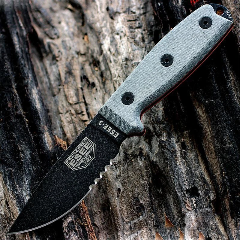 ESEE-3 Fixed Blade (Modified Pommel) - 3.88" 1095 Black Partially Serrated Drop Point Blade, Gray Micarta Handle - ESEE-3SM-MB-CO