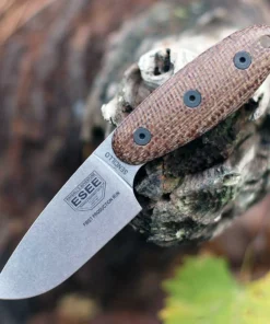 Sencillo - 3.25" CPM-MagnaCut Tumbled Plain Edge Drop Point Blade, Brown Burlap Micarta Handle, Black Kydex Sheath - ESEE-SENCILLO-M